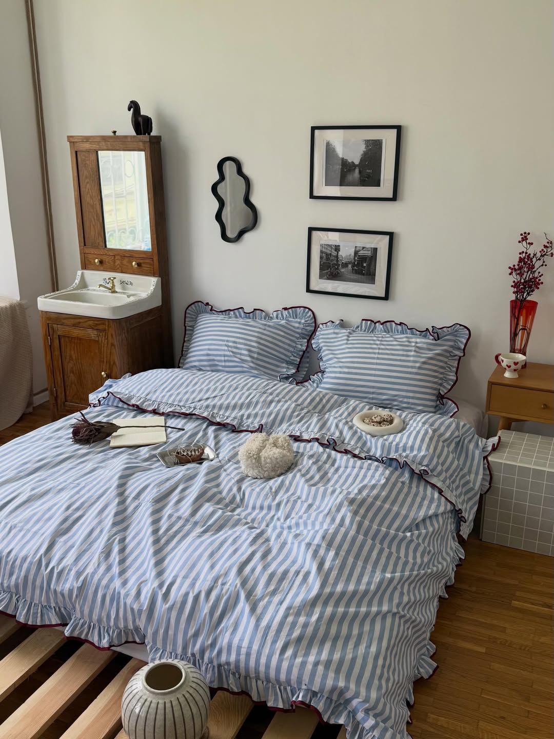 Celeste Ruffle Satin Bedding Set Sky Blue